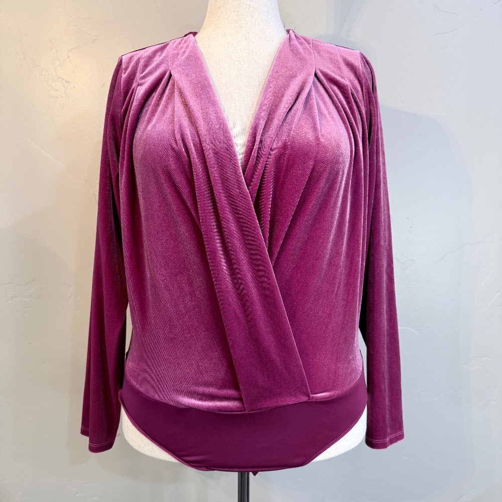 🔥 And Now This 1X Velvet Surplice Bodysuit — Holiday-Ready Raspberry Plus Size
